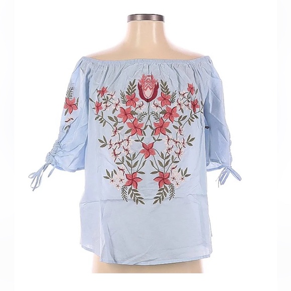 hinge Tops - Hinge Off the Shoulder Blue Floral Embroidered Top
